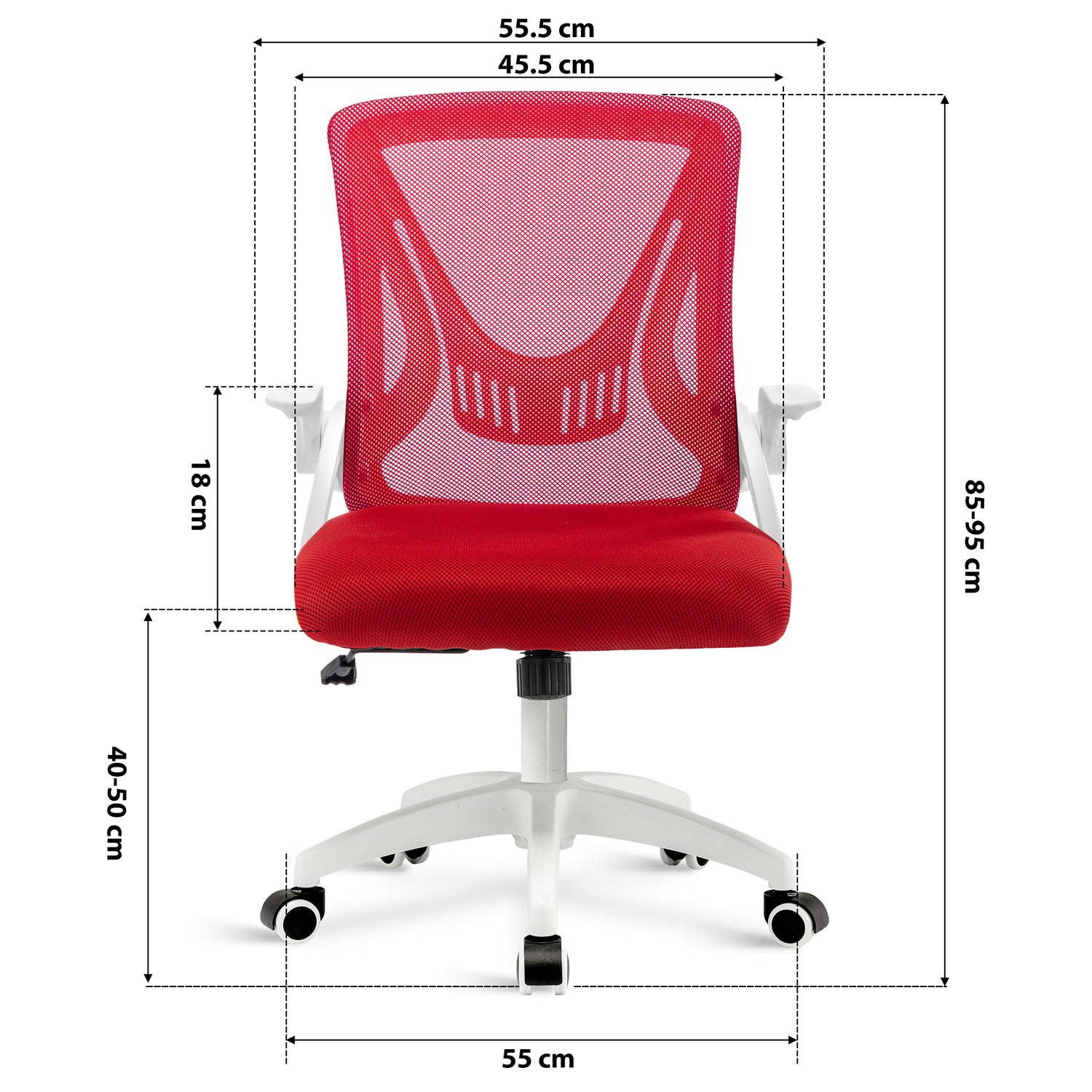 red office desk chair dimension: 45.5cm seat width, 55cm wheelbase, adjustable 85–95cm height and mesh backrest.