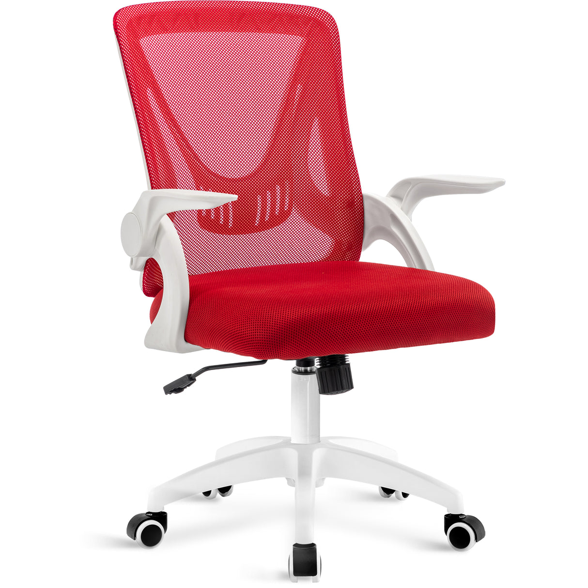 Red home office chair with mesh backrest, padded seat, and adjustable height for an ergonomic seating solution.