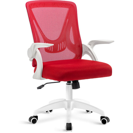 Red home office chair with mesh backrest, padded seat, and adjustable height for an ergonomic seating solution.