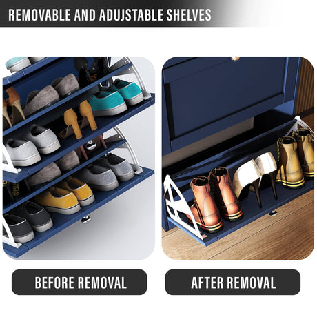 Before and after shelf adjustment in navy Shoe Cabinet With Doors for flexible shoe storage.