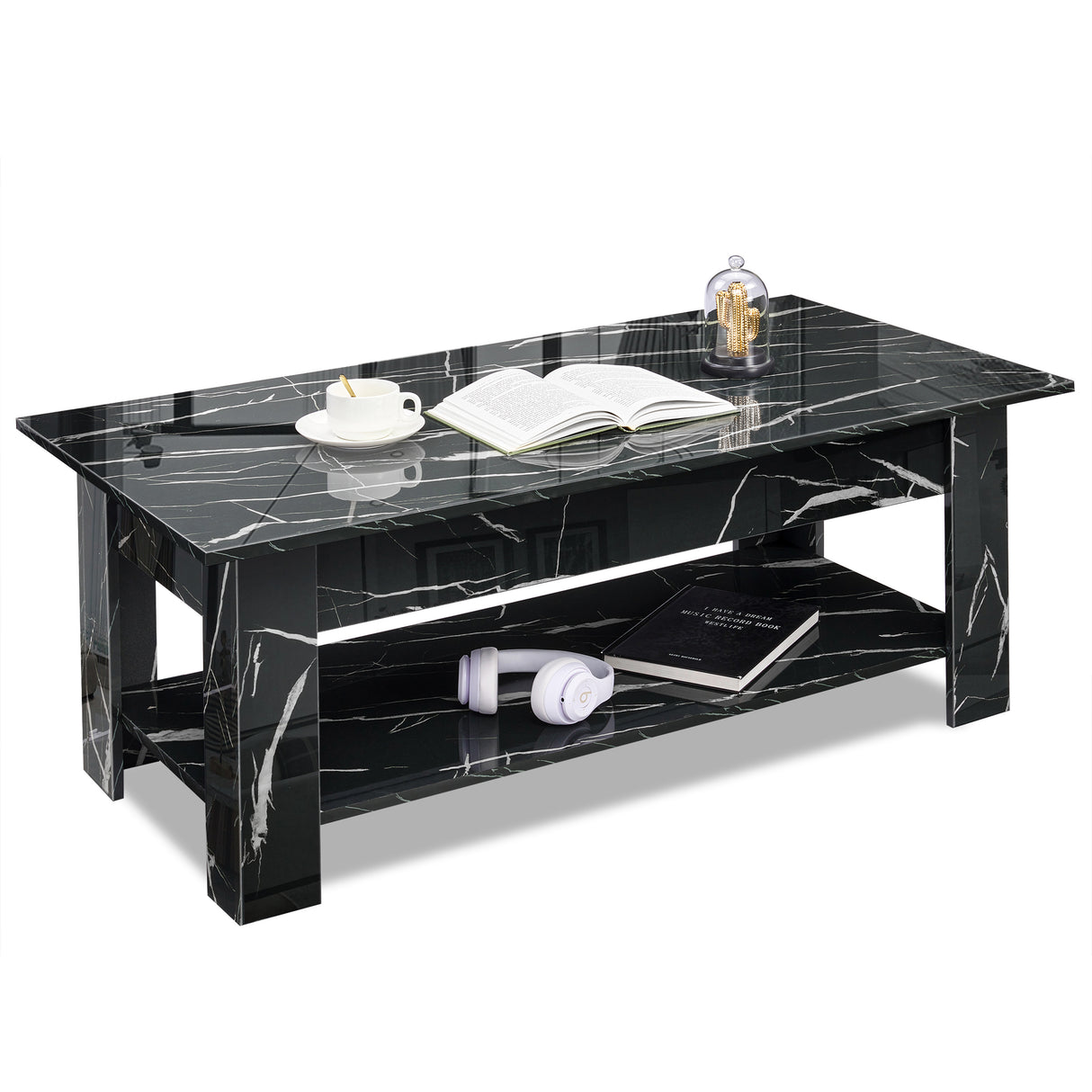 High gloss lift top coffee table with hidden storage shelf in black marble finish, featuring a modern design ideal for UK living rooms.