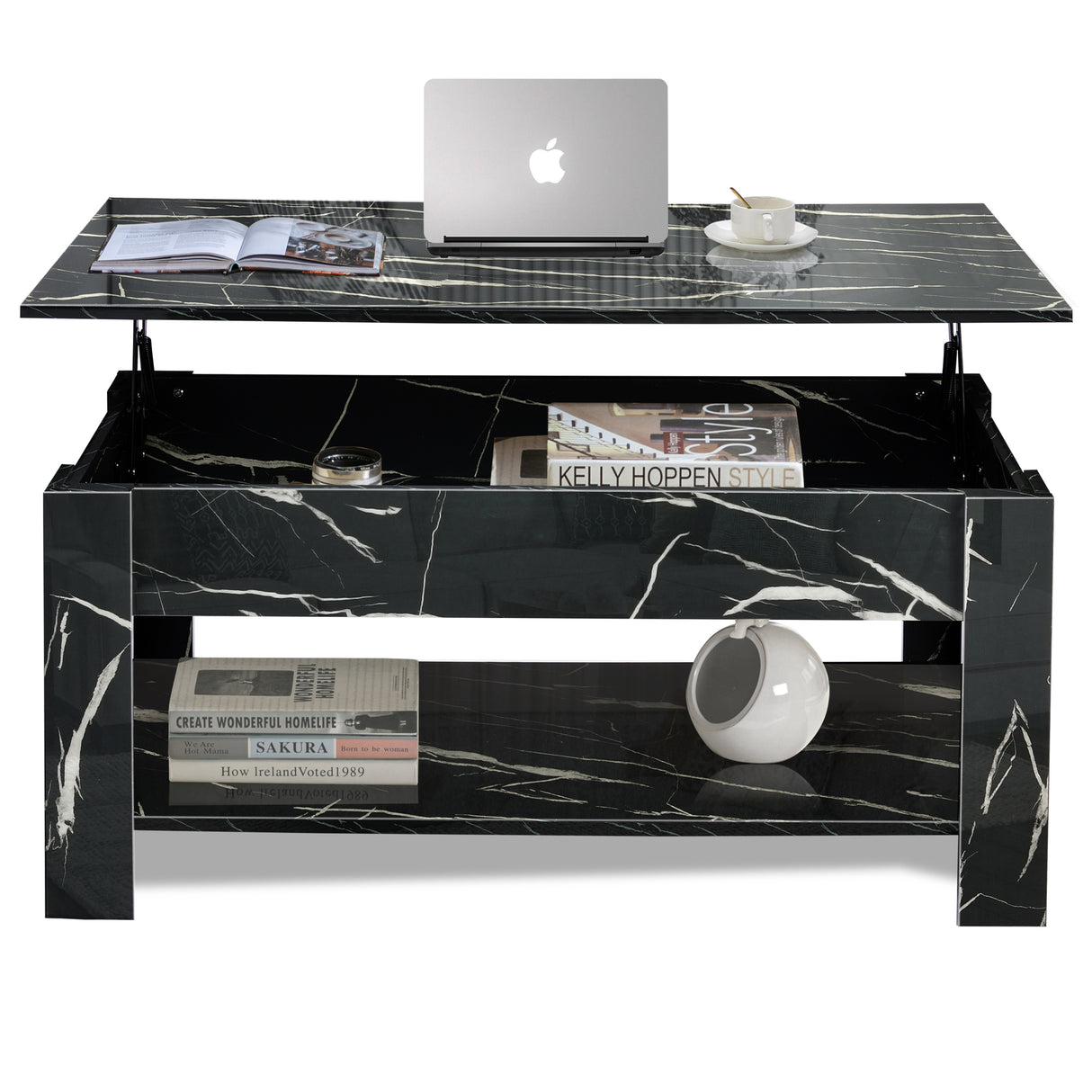 High gloss lift top coffee table with hidden storage shelf in black marble finish, featuring open shelf and raised tabletop for workspace use.