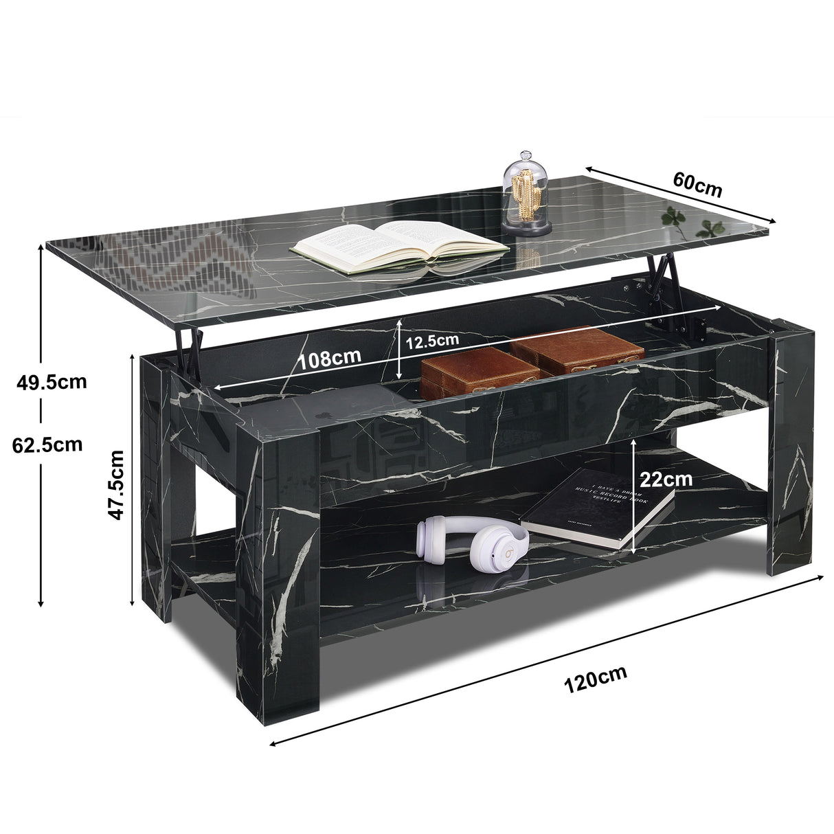 High Gloss Lift Top Coffee Table With Hidden Storage Shelf in black marble finish, featuring adjustable lift top and spacious hidden compartments.