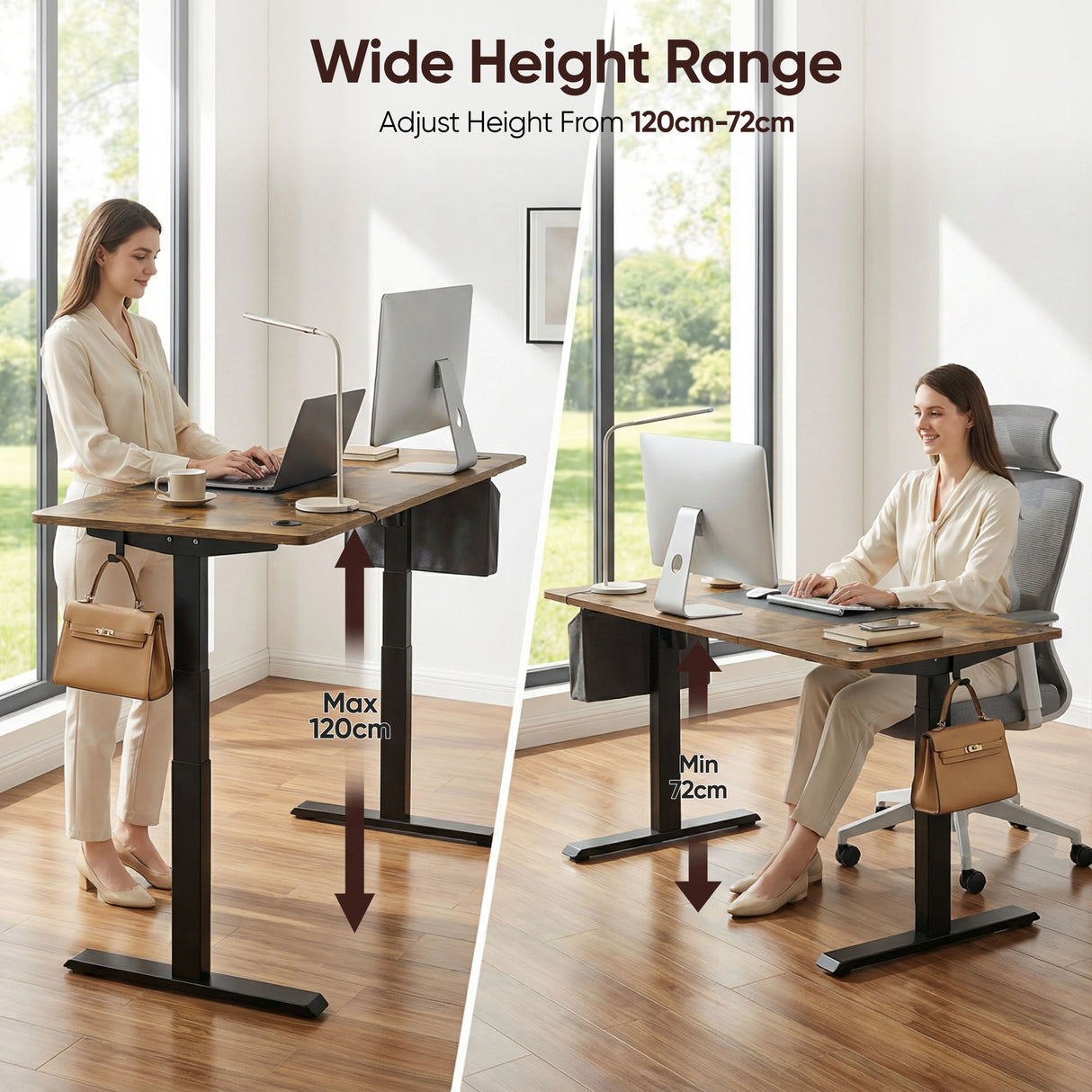 Rustic Electric Standing Desk adjusts from 72cm to 120cm, shown with a woman using it in both sitting and standing positions.
