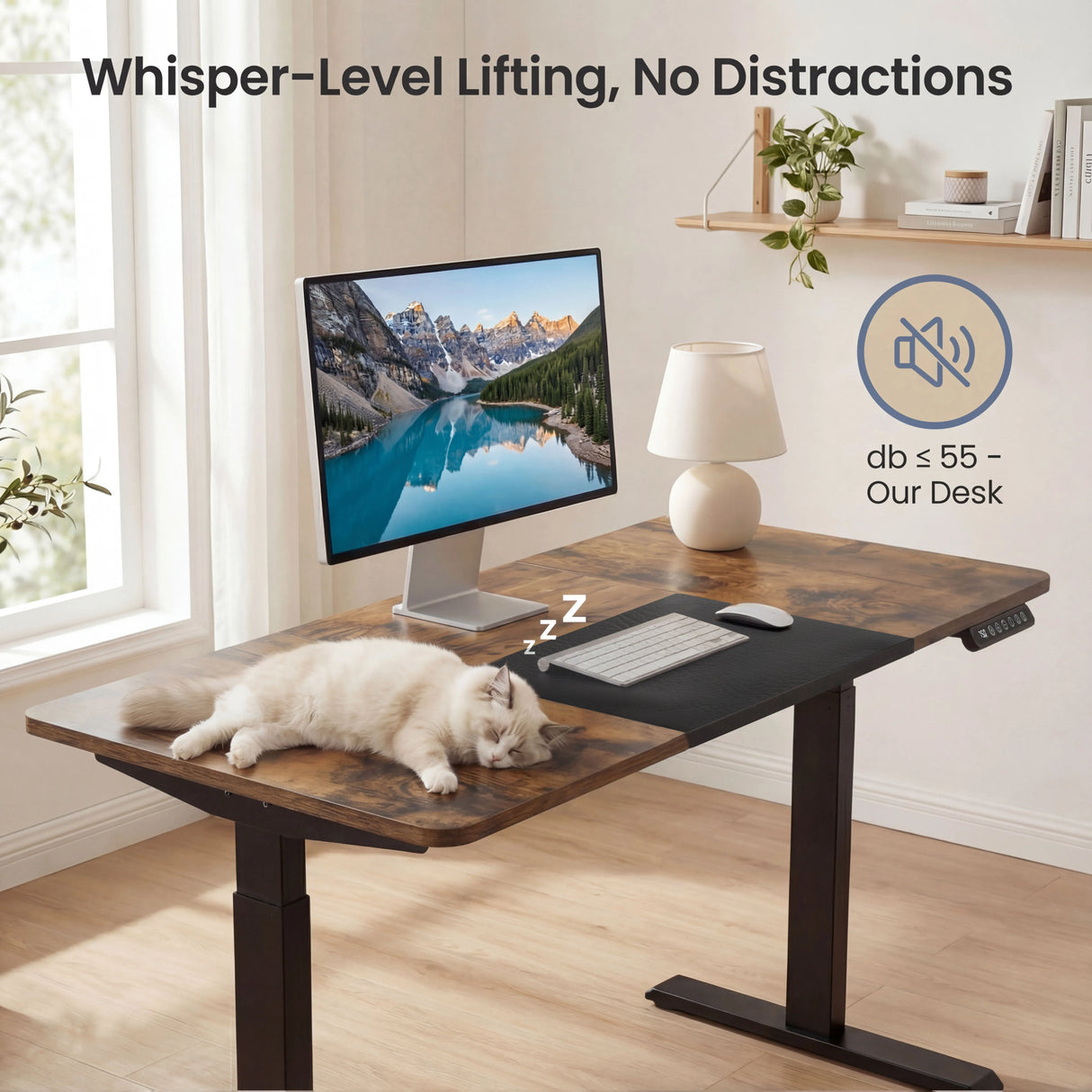 Rustic Electric Standing Desk with whisper-quiet lifting mechanism under 55db, ideal for distraction-free work environments with pets or family.