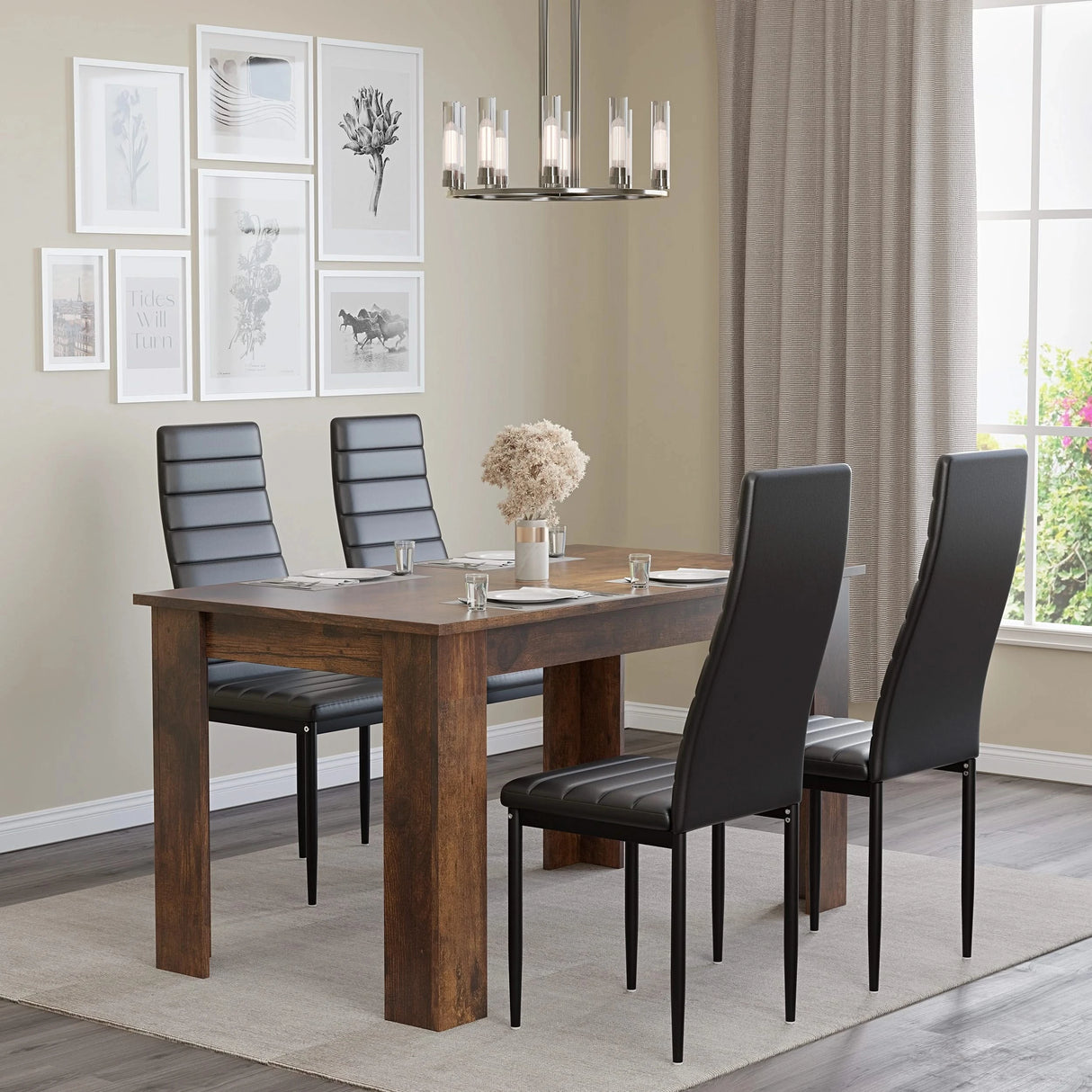Rustic dining table with 4 black PU leather chairs, ideal for compact dining rooms and kitchen spaces in UK homes.