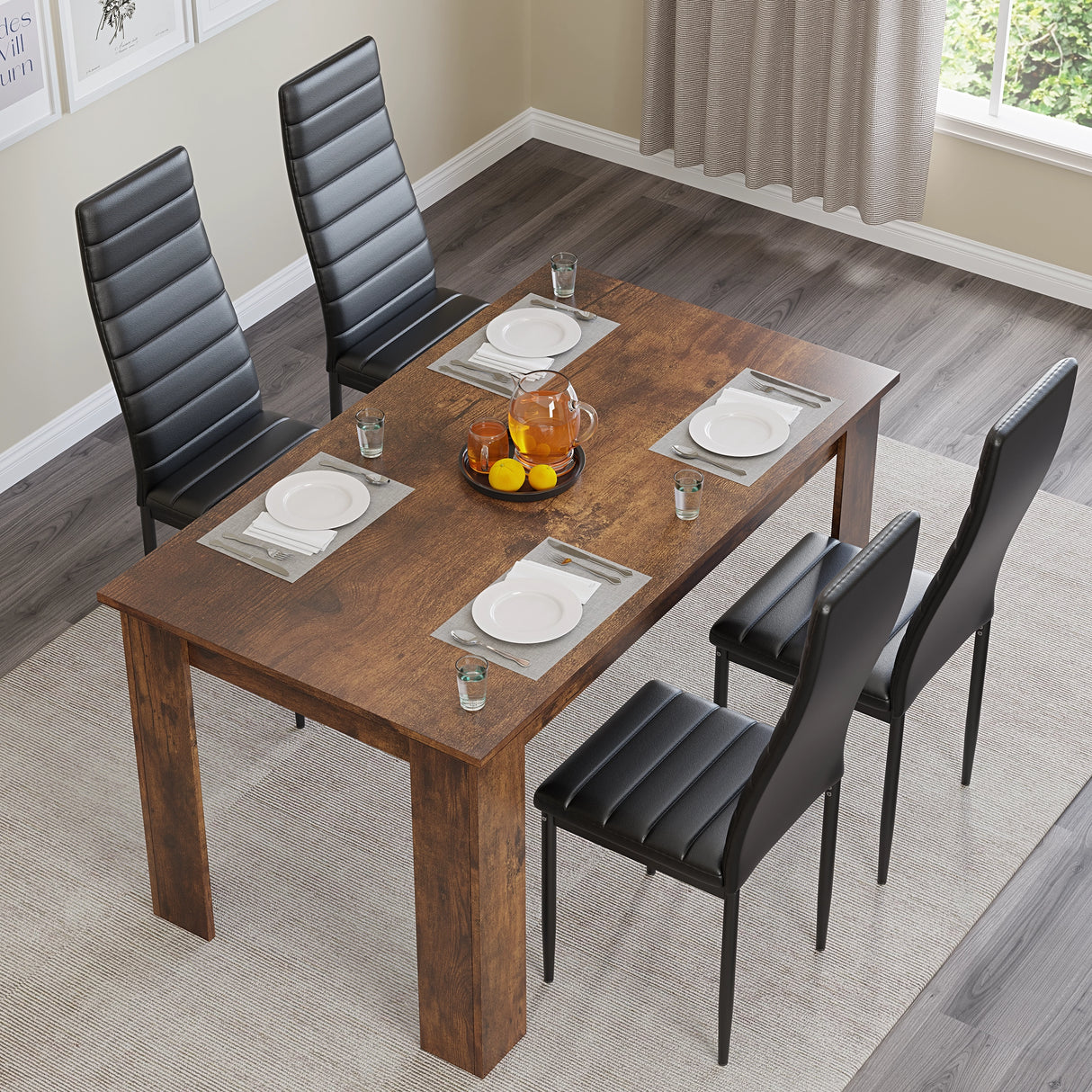 Rustic 4-seater dining table set with black PU leather chairs, ideal for stylish and functional UK dining rooms.
