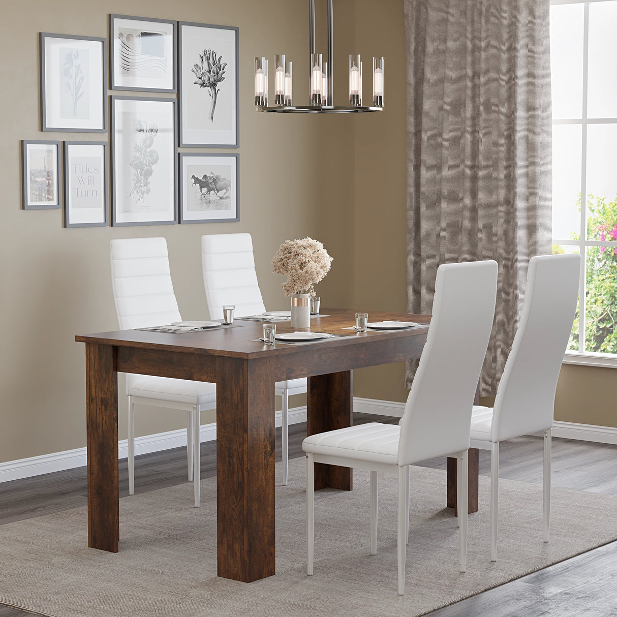 A front view of a rustic dining table for 4 people with L shaped legs and 18 mm engineered wood tabletop