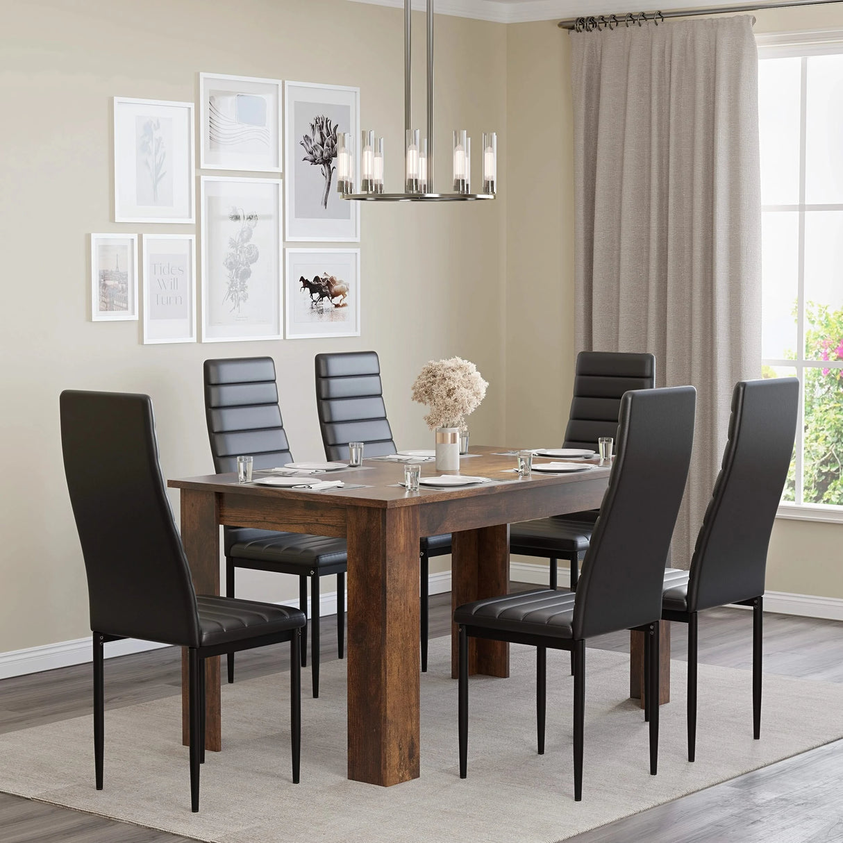 Rustic dining table set with 6 black leather chairs, perfect for contemporary UK homes. Great for family meals and gatherings.