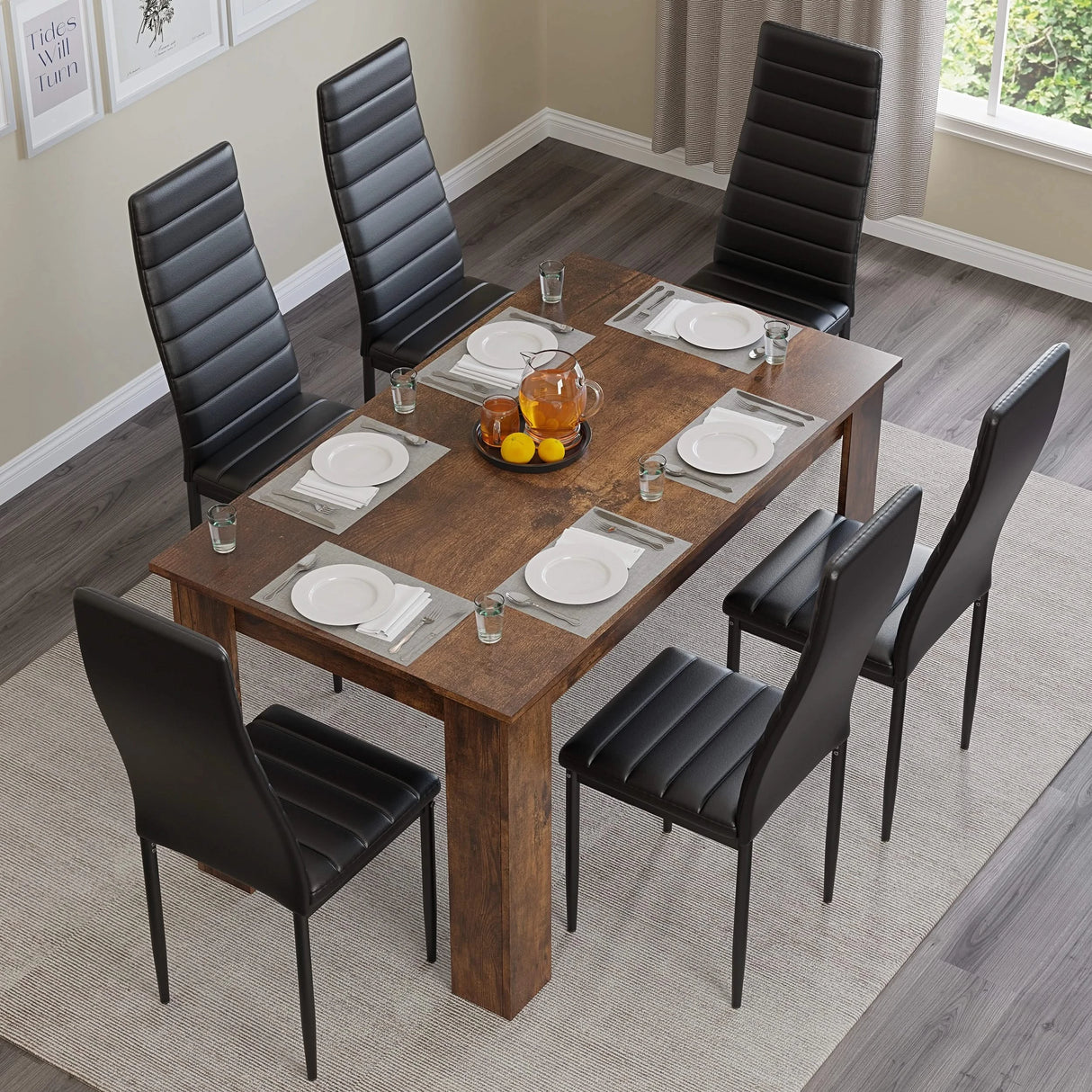 Top view of rustic dining table set with 6 black leather chairs, set for dining. Ideal for stylish UK kitchens and dining rooms.