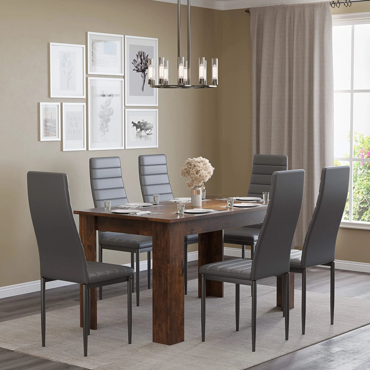 Rustic dining table and 6 grey leather chairs set in a modern dining room. Great for family meals and gatherings in UK homes.