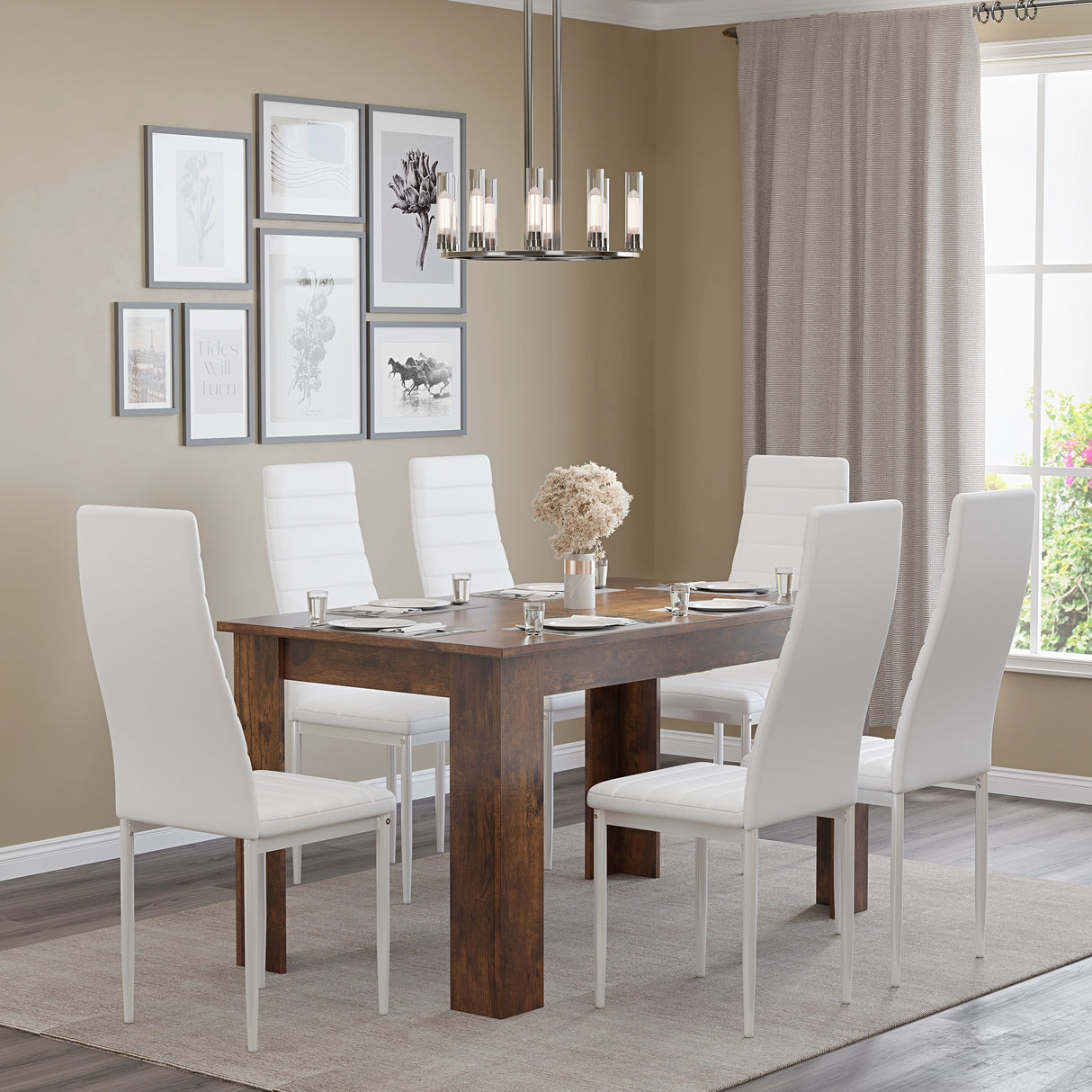 minimal dining room table and chairs 6 seater setup with white leather chairs and rustic finish, styled for airy interiors