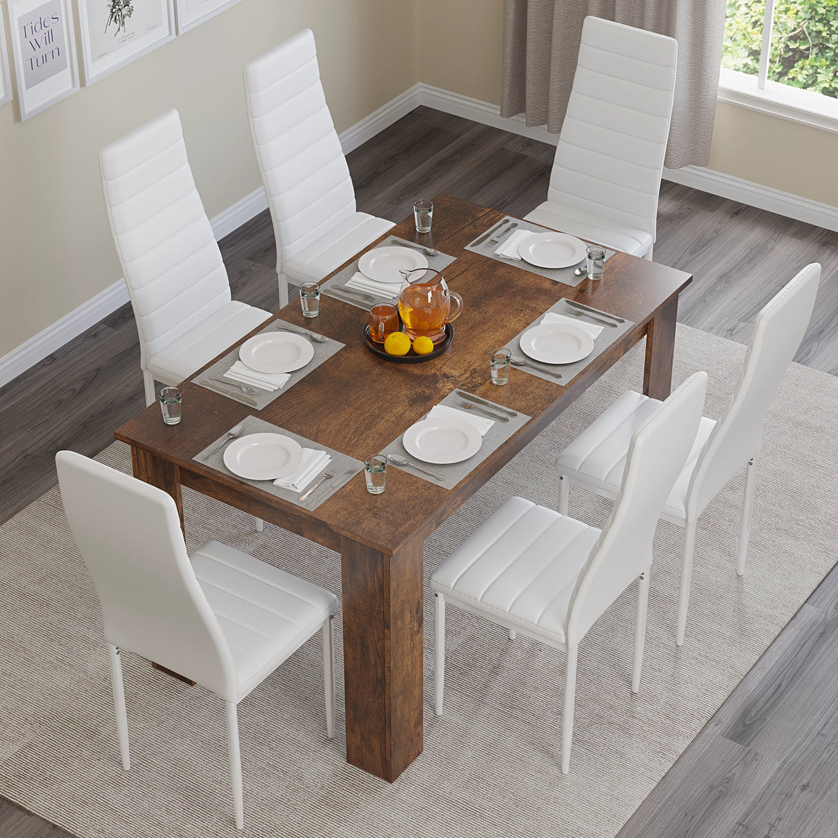 top view of 6 seater kitchen table and chairs with white seats & neatly placed dinnerware, ideal for casual family gatherings