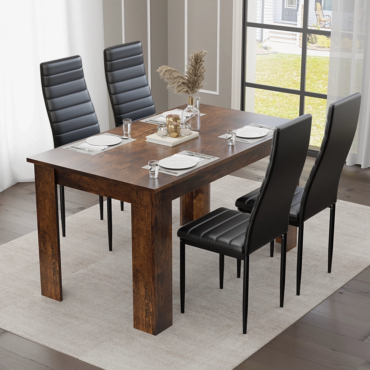4-seater rustic dining table set with black PU leather chairs, space-saving and stylish for contemporary dining areas.