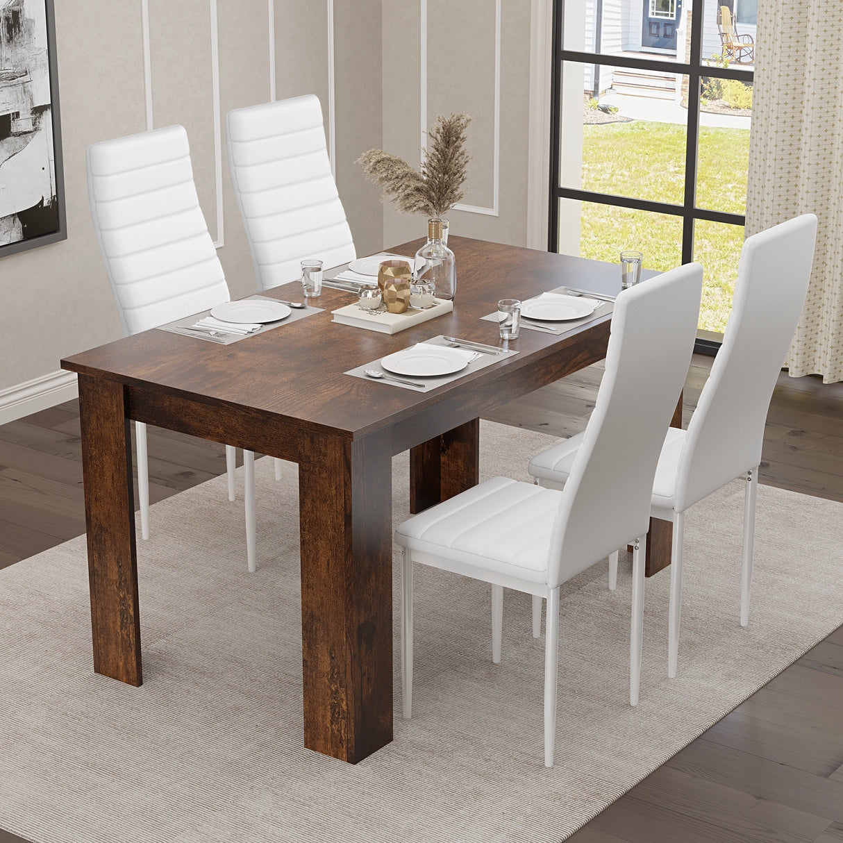 minimal white kitchen table and chairs arrangement with pampas centerpiece, perfect for clean and modern interiors