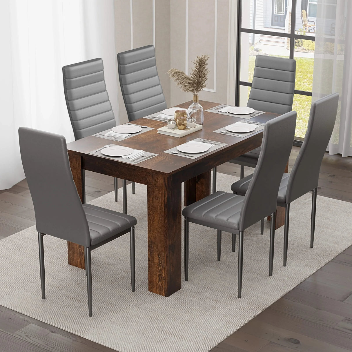 Rustic 4-6 seater dining table set with grey PU leather chairs in a bright dining space. Perfect for UK family homes.