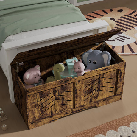Toy Box - Kids Storage Chest Blanket Box with Safety Hinges | DHS in rustic wood finish, open lid showing stuffed animals inside, placed at bed foot.