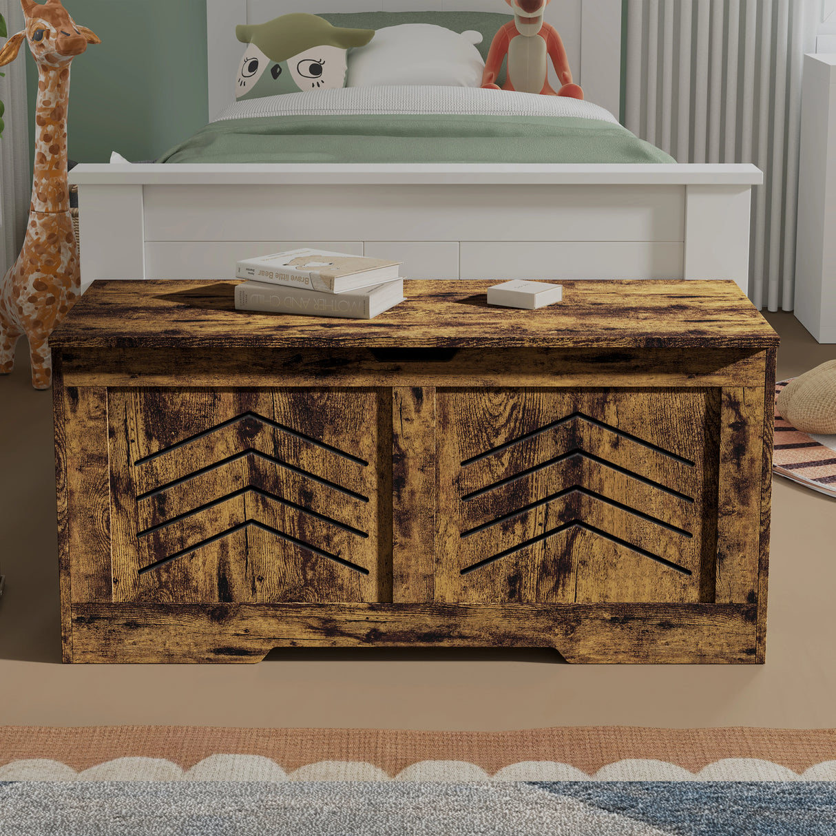 Wooden storage chest with arrow designs in a bedroom setting