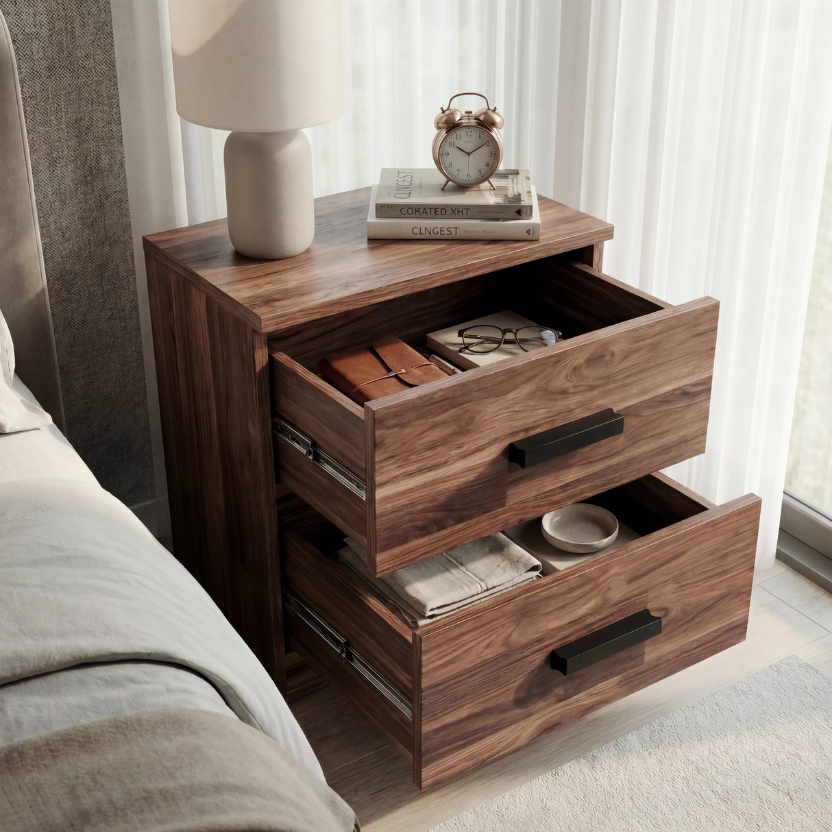 Rustic nightstand with two drawers opened, displaying internal storage compartments and wooden black handles