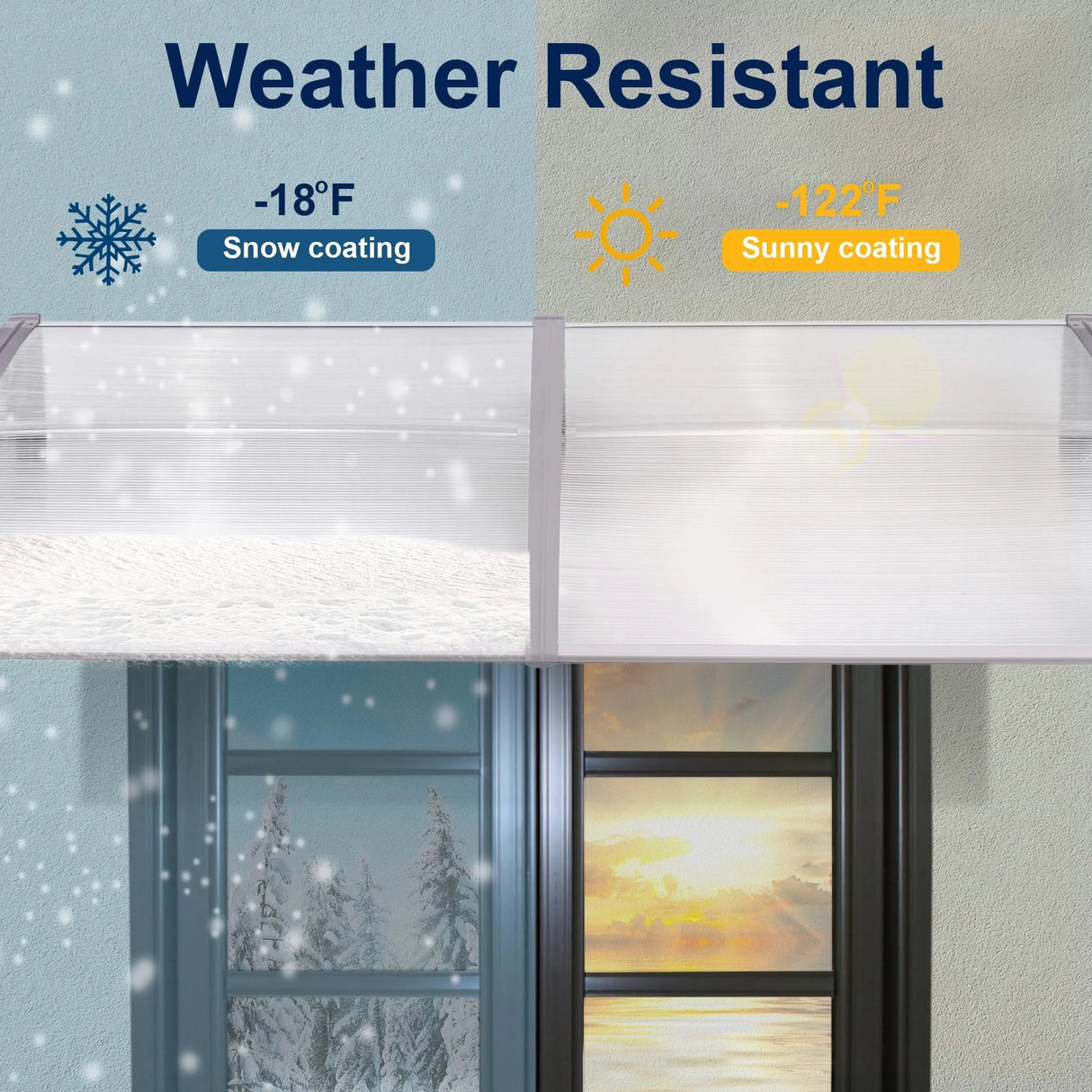 Weather-resistant canopy for doors, showing dual protection against snow and sun with temperature tolerance from -18°F to 122°F.