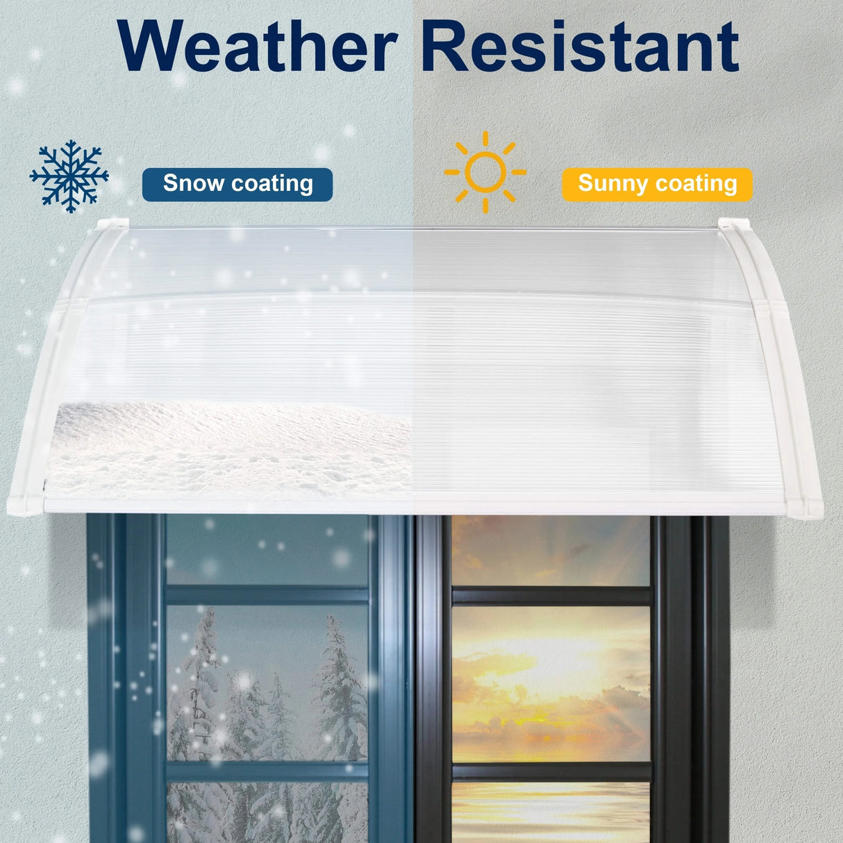All-season door canopy with dual snow and sun coating, providing durable protection for home entrances in varying weather conditions.