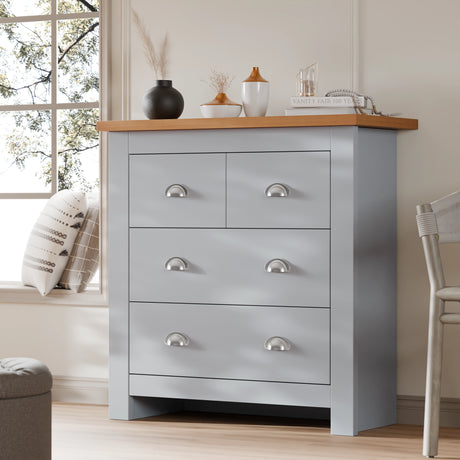 Grey 2 over 2 chest of drawers with four drawers and wooden top. Stylish and functional for compact bedroom storage.