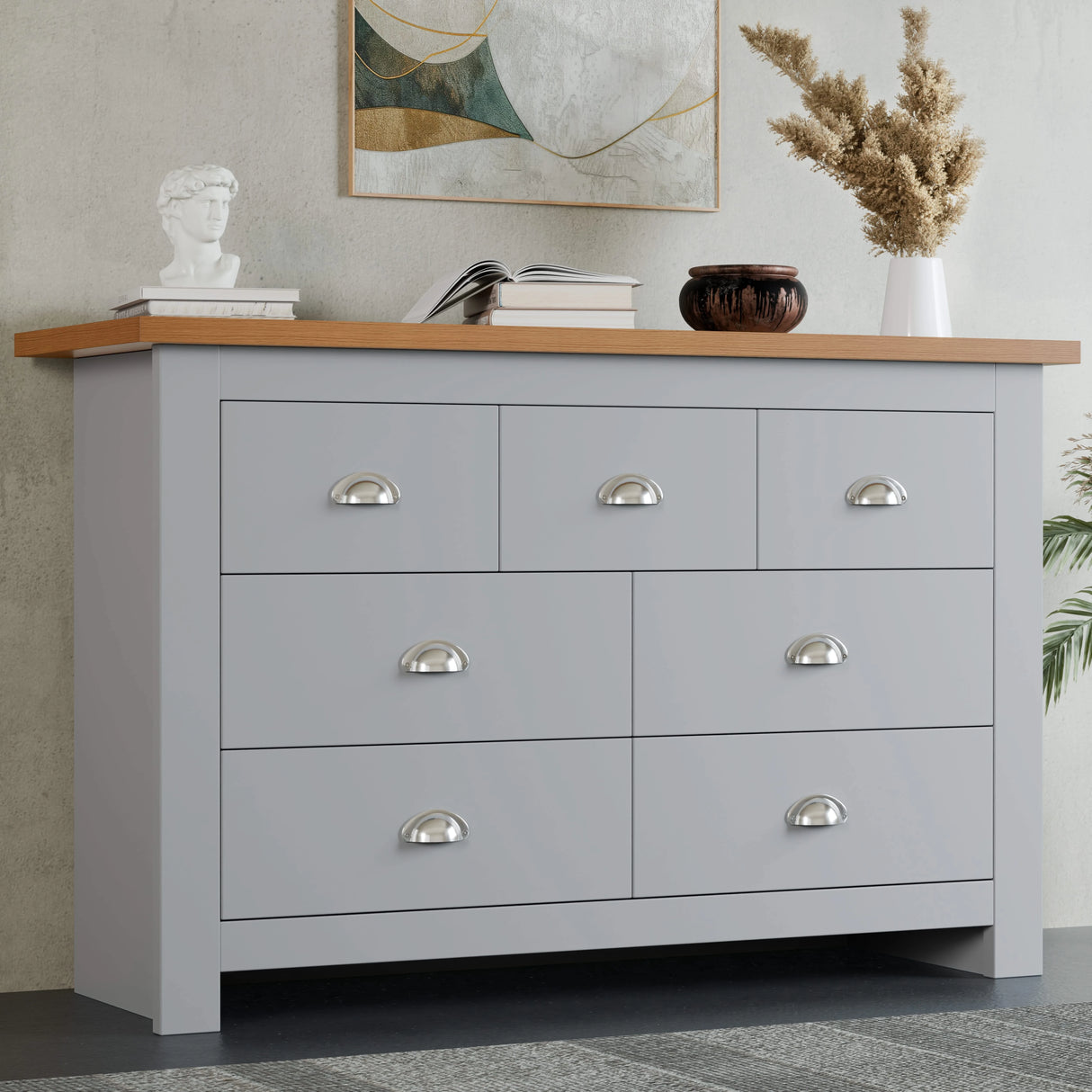 Grey 7 drawer wide chest of drawers with oak top, modern large bedroom dresser for organized storage.