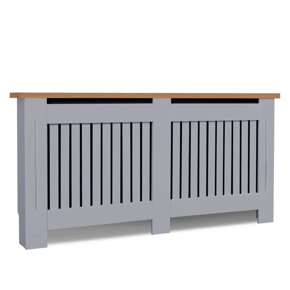 Tilted front angle of extra large radiator covers in grey with oak top shown in a bright room blending size & sophistication.