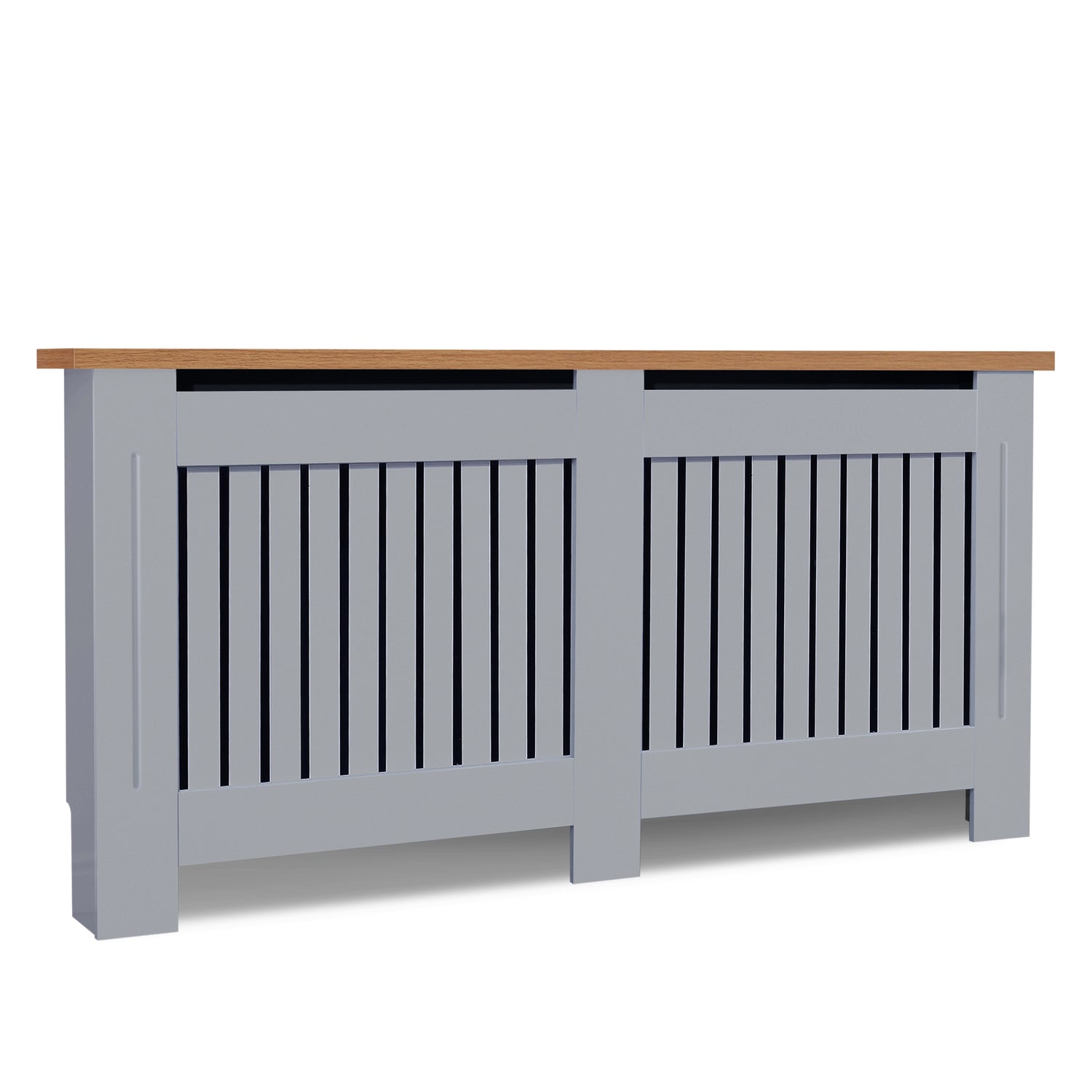 Tilted front angle of extra large radiator covers in grey with oak top shown in a bright room blending size & sophistication.