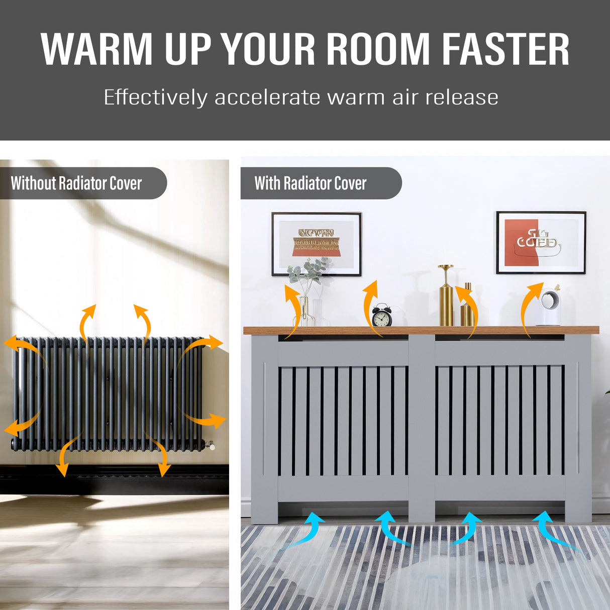 Hot air flow above large modern radiator covers in grey with oak top, maintaining heat efficiency with a sleek finish.
