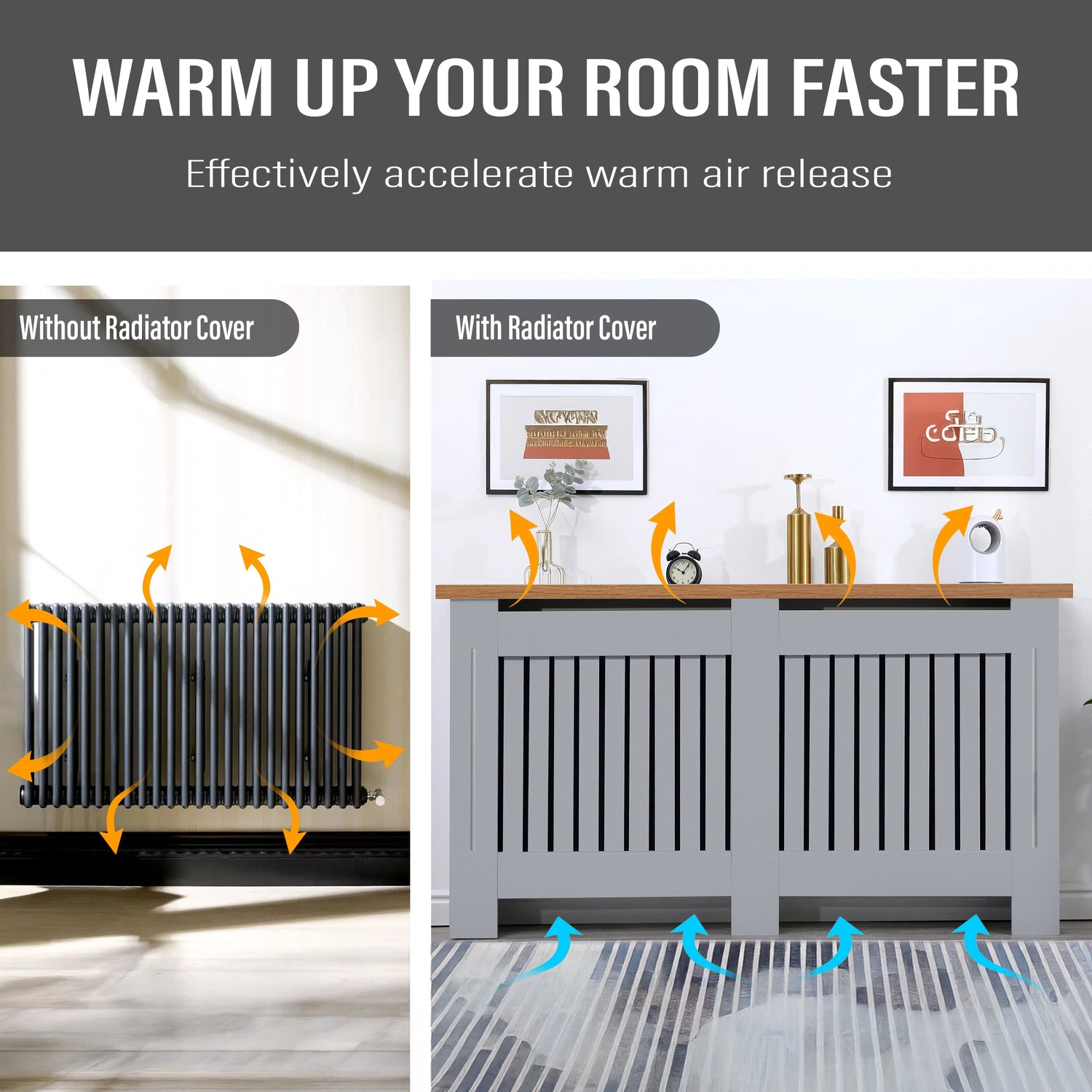 Hot air flow above large modern radiator covers in grey with oak top, maintaining heat efficiency with a sleek finish.