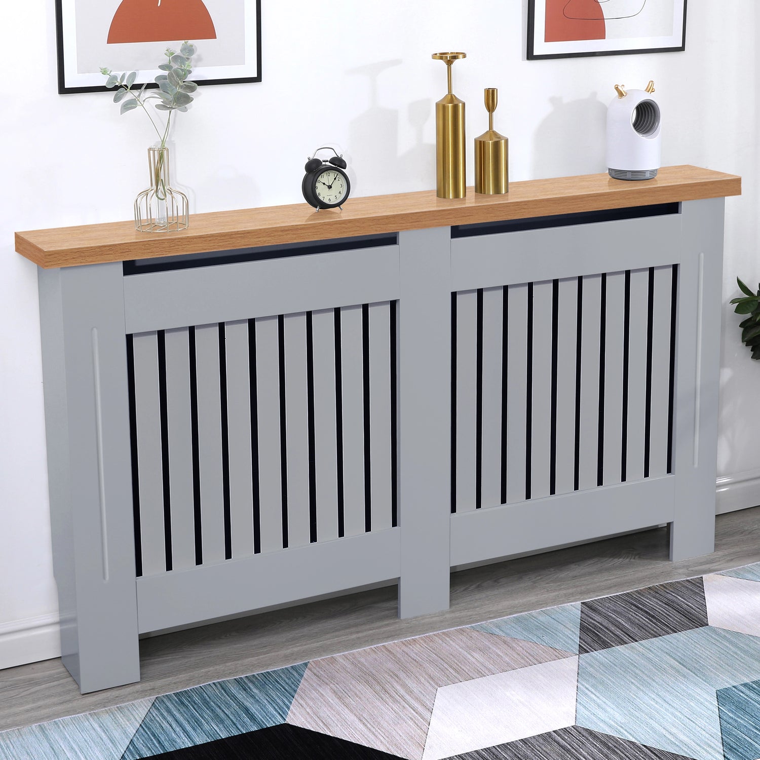 Grey hallway radiator covers with oak tops shown in a living room, ideal for blending safety and style in high-traffic areas.
