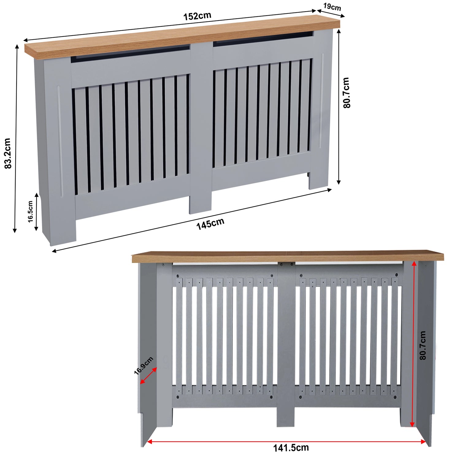 Dimensions of grey large radiator covers: (WxDxH): outer 152 x 19 x 83.2 cm and inner  141.5 x 16.9 x 80.7 cm.