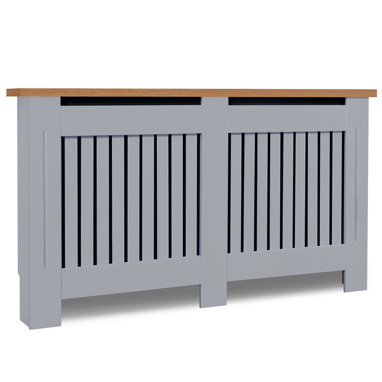 Tilted front view of large grey MDF radiator cover with oak top, made for stylish & safe radiator concealment.