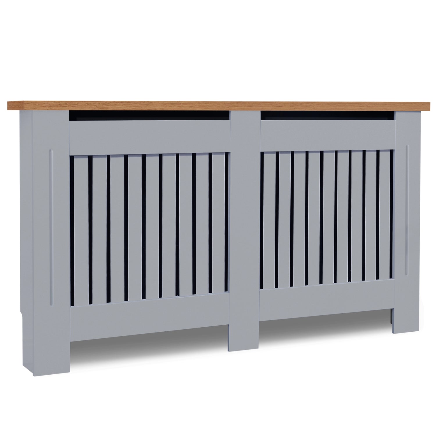 Tilted front view of large grey MDF radiator cover with oak top, made for stylish & safe radiator concealment.