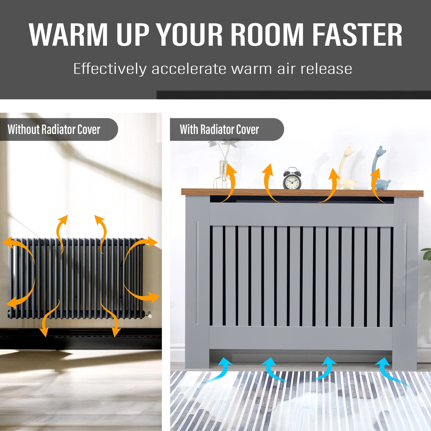 Airflow from a medium radiator cover in grey with oak top shown in use, maintaining heat while providing stylish protection.