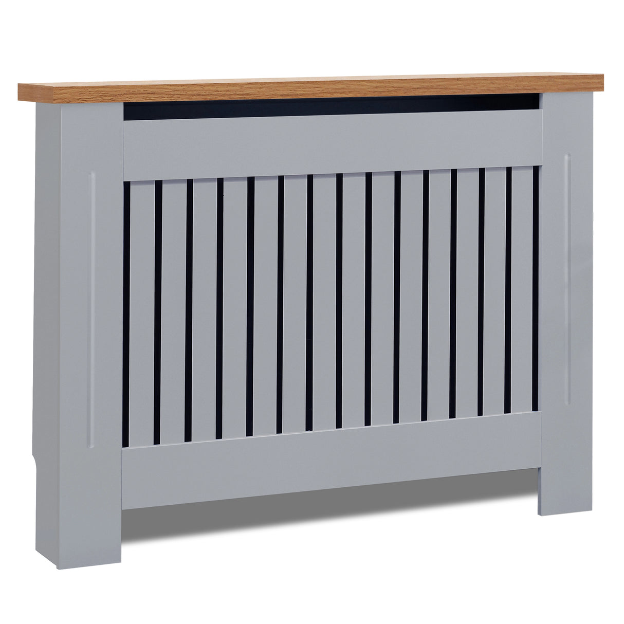 Tilted front angle of medium radiator covers in grey with oak top, ideal for enhancing any contemporary living space.
