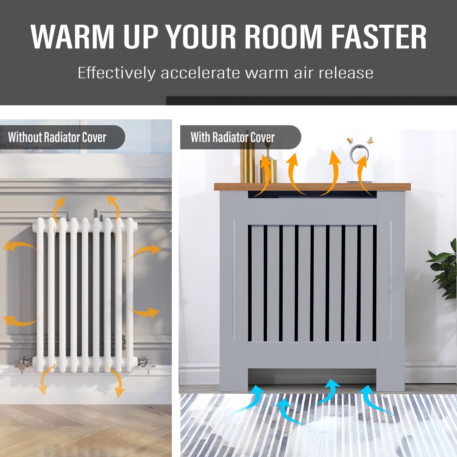 Airflow shown from a hallway radiator cabinet in grey with oak top, demonstrating heat circulation with a stylish cover.