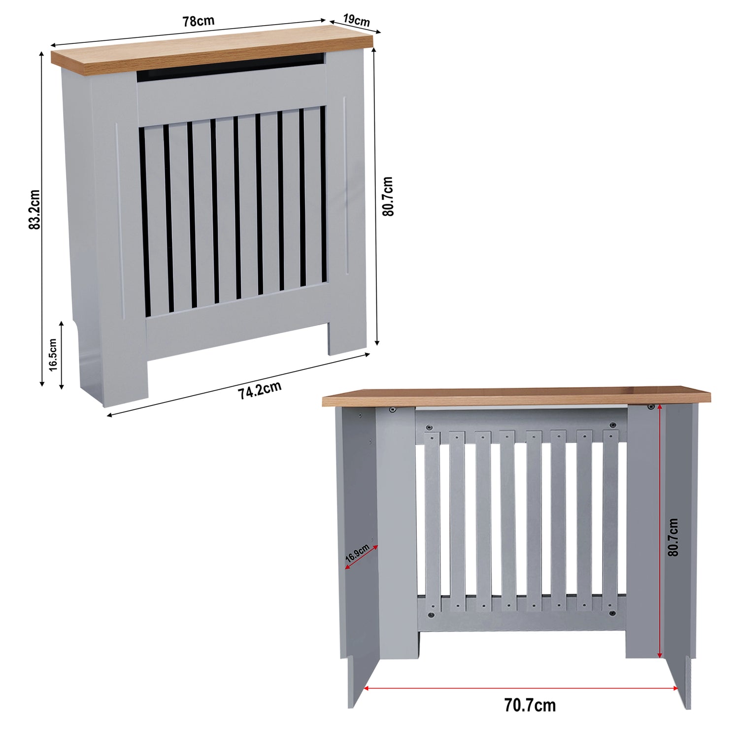 Grey MDF radiator cover with oak top dimensions (WxDxH): outer 78 x 19 x 83.2 cm and inner  70.7 x 16.9 x 80.7 cm.
