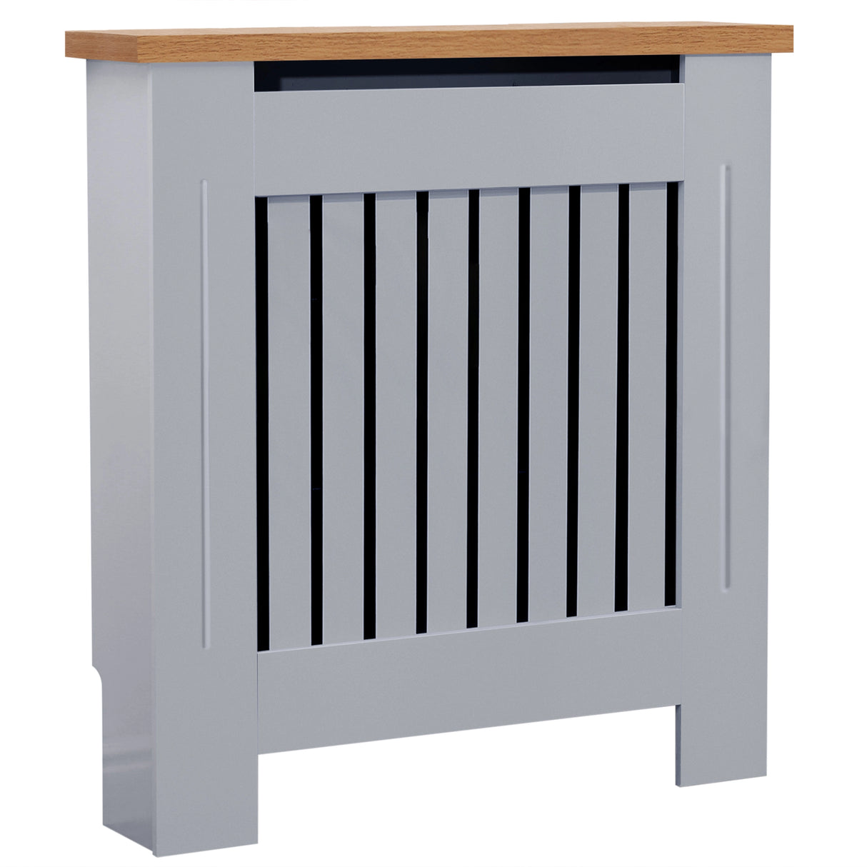 Grey radiator cabinet with oak top shown from front and side, blending classic style with practical radiator concealment.