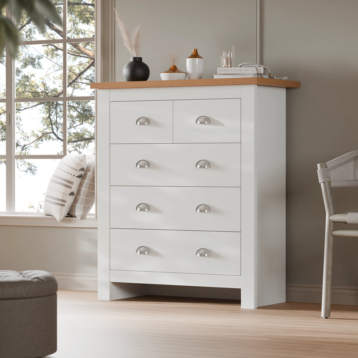 Shaker-style white 5 drawer dresser with oak top, perfect for bedroom organization and stylish furniture setups.