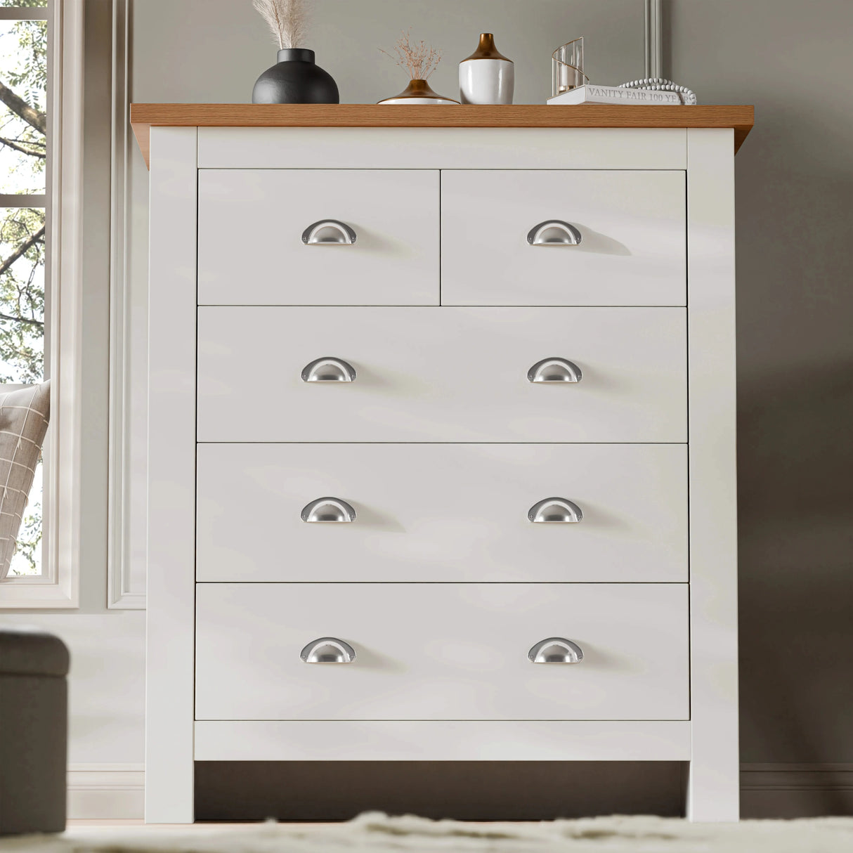 White 5 Drawer Chest of Drawers with shaker design and silver handles, ideal for bedroom storage and modern interiors.