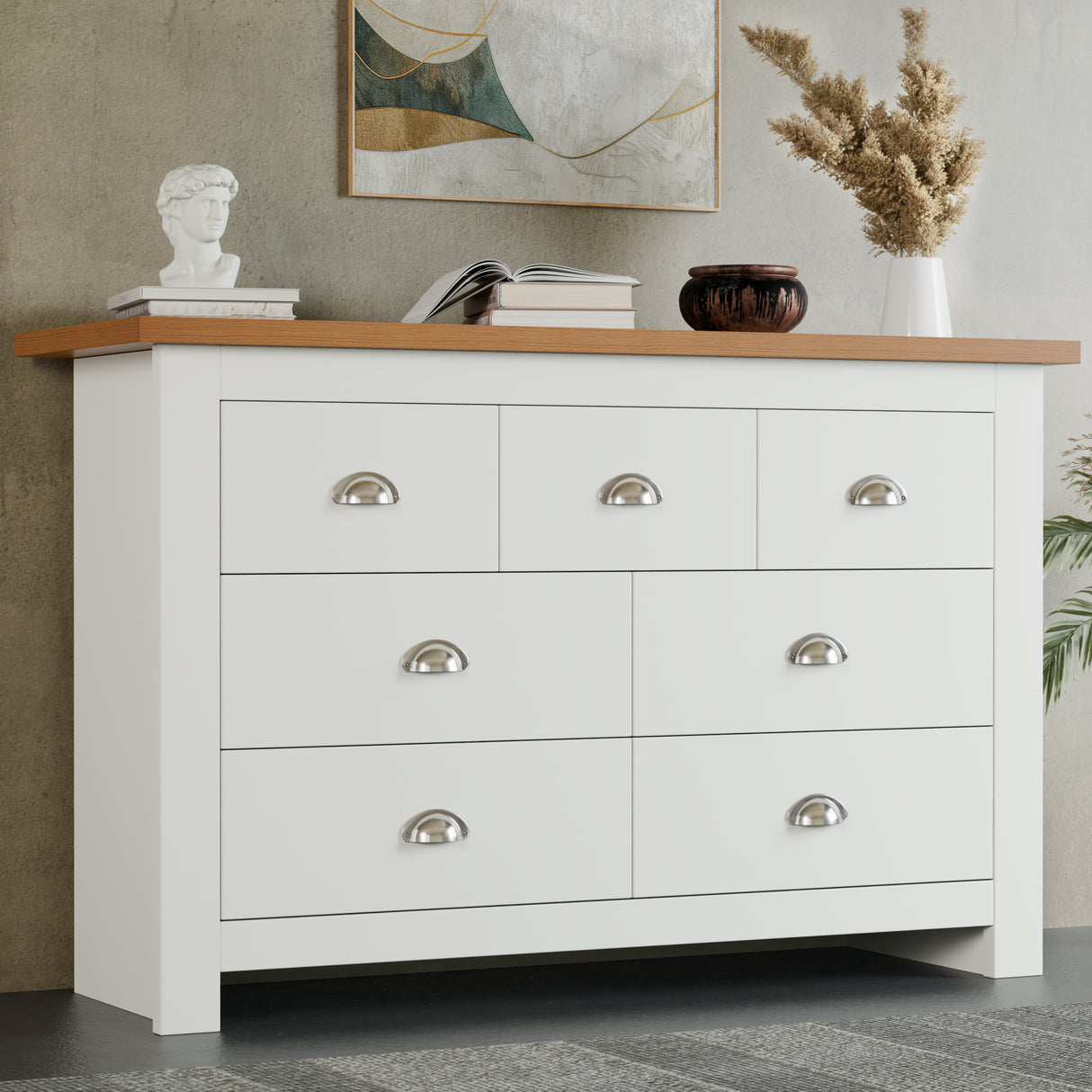 White 7 drawer wide chest of drawers with oak top, ideal large bedroom dresser for clothes and accessories storage.