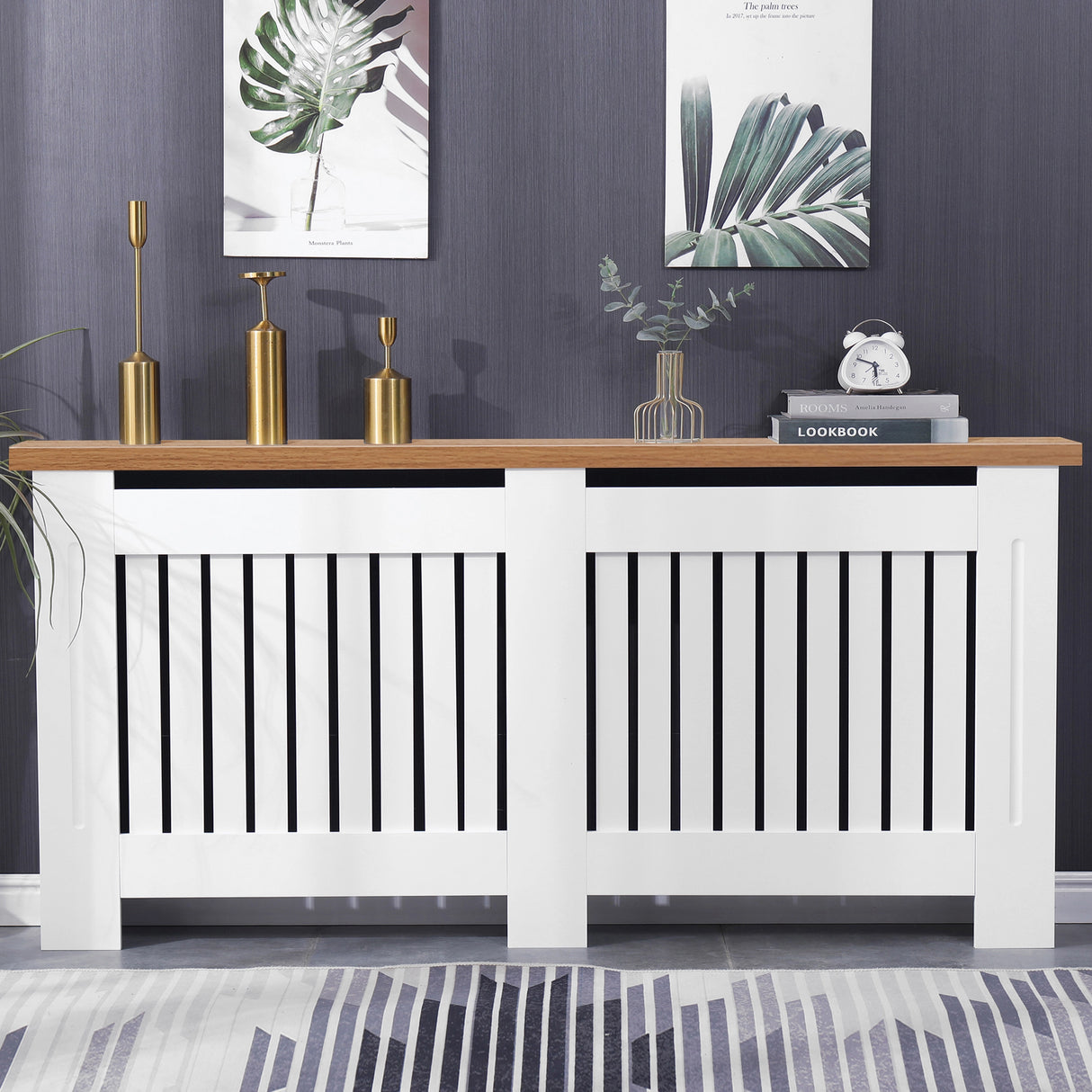 Front-facing view of white large radiator covers with oak top in a cozy living space, ideal for a clean and modern look.