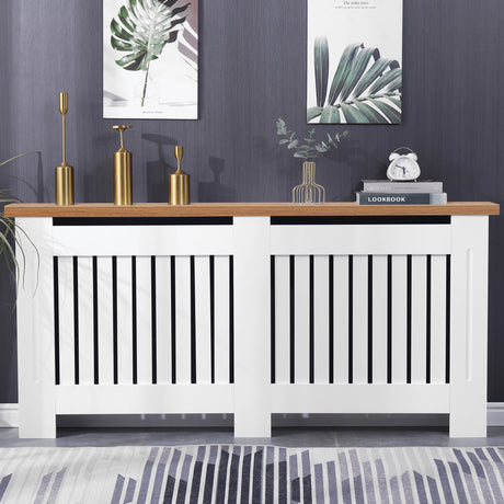 Front-facing view of white large radiator covers with oak top in a cozy living space, ideal for a clean and modern look.