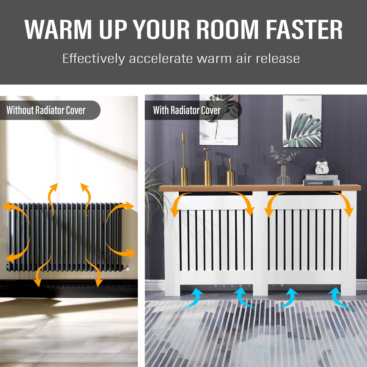 Airflow visual of modern radiator cover in a hallway, showing efficient heat circulation beneath a sleek oak top.