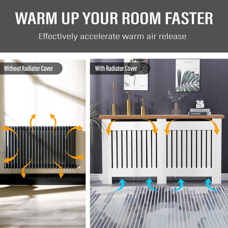 Airflow visual of modern radiator cover in a hallway, showing efficient heat circulation beneath a sleek oak top.