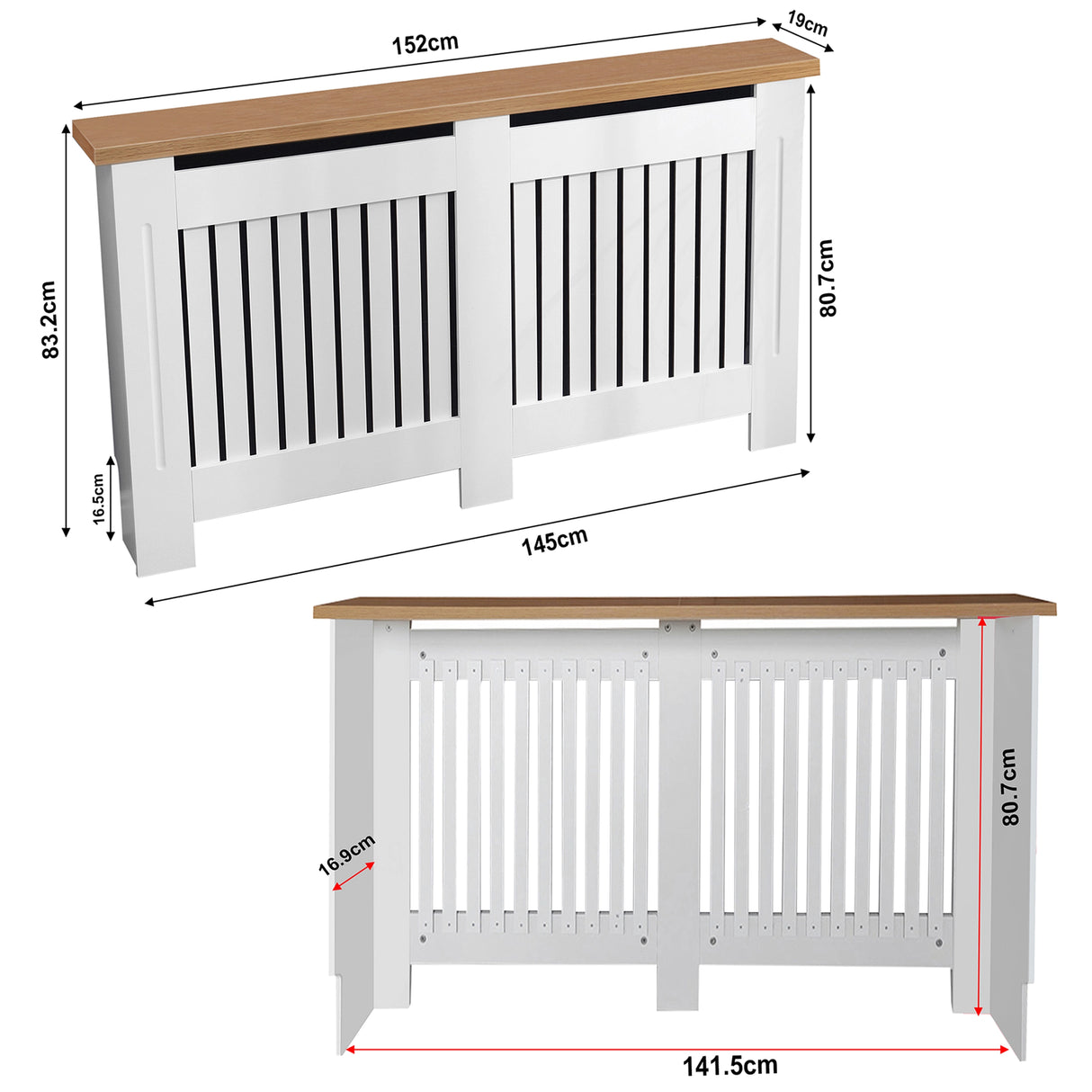 dimensions of large radiator covers in white with oak top (WxDxH): outer 152 x 19 x 83.2 cm and inner 141.5 x 16.9 x 80.7 cm.