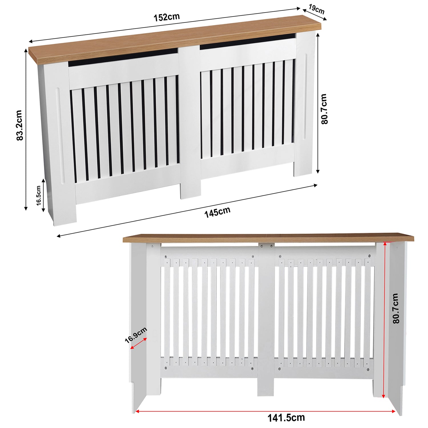 dimensions of large radiator covers in white with oak top (WxDxH): outer 152 x 19 x 83.2 cm and inner 141.5 x 16.9 x 80.7 cm.
