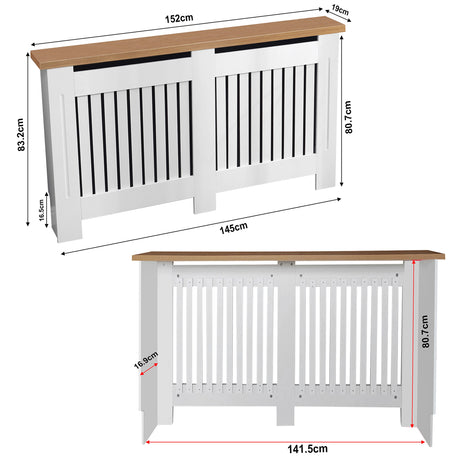 dimensions of large radiator covers in white with oak top (WxDxH): outer 152 x 19 x 83.2 cm and inner 141.5 x 16.9 x 80.7 cm.